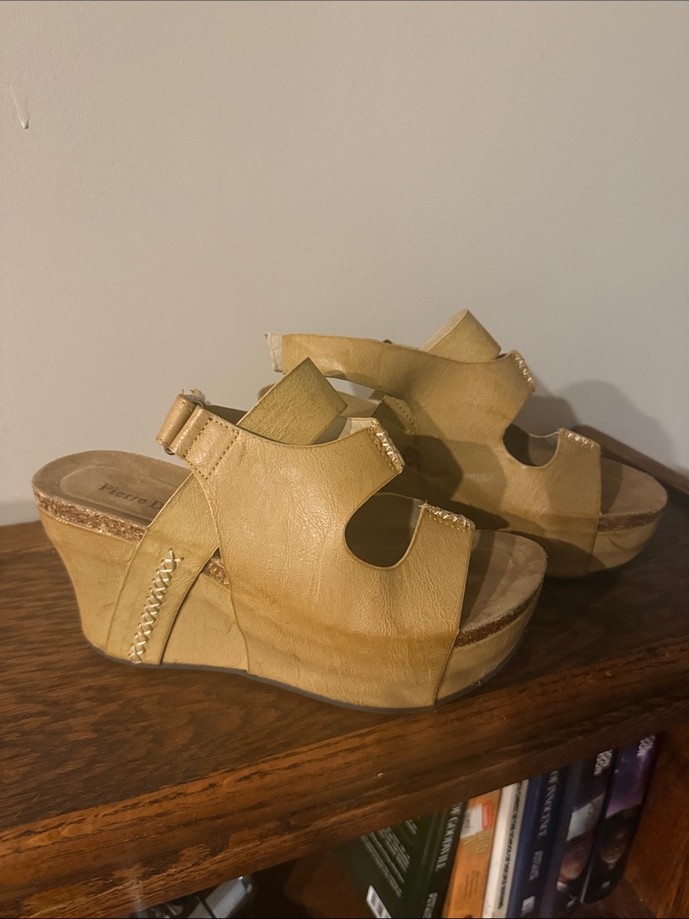 Pierre Dumas Tan Wedge Sandals with Stitch Detail